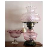 Glass Hurricane Style 2 Light Table Lamp, 19" Tall, And Glass Compote