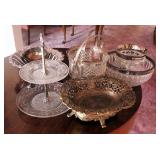 Glass Serving Dishes With Silver Toned Accents Including Bowls, Candy Dishes, Hors D