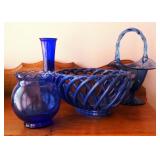 Fenton Hand Painted Glass Basket, 10" Tall, Signed By Artist, Cobalt Blue Glass Votive, Vase, And Ce