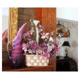 Swung Art Glass Vase Pitcher, 15" Tall, Hobnail Vase, And Artificial Floral Basket