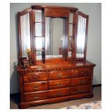 Solid Wood 9 Drawer Dresser, With Lighted Mirrored Hutch, 78" x 64" x 18"