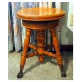 Antique Solid Wood Claw Foot Swivel Piano Stool, 18.5" x 15" In Diameter