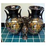 Hand Painted Ceramic Vases, Qty 2, 10" Tall, And Etched Metal Bud Vase, 8" Tall