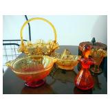 Fenton Amber Glass Basket, Bud Vase, Ruffled Edged Basket, Candy Dishes, And Decanter