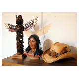 Carved Painted Wood Totem, 19.5" Tall, Painted Ceramic Bust, And Straw Hat