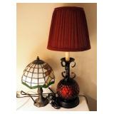 Metal And Glass Table Lamp, With Cloth Shade, 20" Tall, And Brass Toned Table Lamp, With Painted Gla