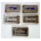 Fine .999 Silver Bars, Full Oz, Qty 5 (Total Of 5 Ounces), Stamped Bache