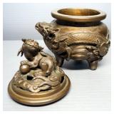 Oriental Decor, Includes Brass Incense Burner, Resin Figurine, And Plaster Male And Female Figurines