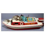 Vintage Tin Wind Up Fire Boat, Tin Backhoe, And Metal Cash Register Bank