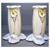 Decorative Metal Tray With Fruit Design, On Stand, And Pair Of Ceramic Vases