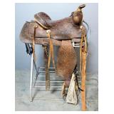 Western Ranch Saddle 14" Seat, 6" Gullet, Tooled Leather, Unmarked, Stand Not Included