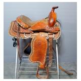 Western Show Saddles, Qty 2, Tooled Leather 15" Seat, 6" Gullet, Has Been Repaired, 1 Has 14" Seat, 