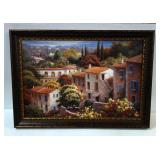 European Villa Scene Artwork On Board, Framed 41.25" W x 29.25"H