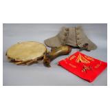 Rawhide Drum, Antique Powder Horn, Spats, And Native Themed Handkerchief