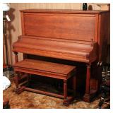 Early 1900s Hinze/Kimball Upright Piano, No 76793, In Tiger Oak, With Matching Piano Bench, Totally 