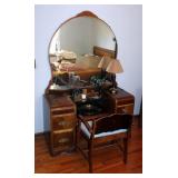 Antique Solid Wood Waterfall Styled Vanity, With 4 Drawers, Mirror, 70" x 47" x 19", And Upholstered