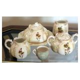 Antique Late 1800s Hand Painted China Serving Dishes Including Creamer, Sugar, Spoon Holder And Butt