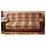 Vintage Upholstered 3 Cushion Sofa With Wood Trim And Rolled Arms, 34" x 82" x 37"