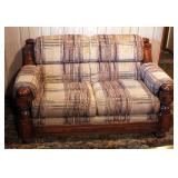 Vintage Upholstered Love Seat, With Wood Trim And Rolled Arms, 35" x 60" x 36"