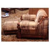 Vintage Upholstered Arm Chair, 35" x 36" x 36", And Matching Ottoman, With Wood Trim And Rolled Arms