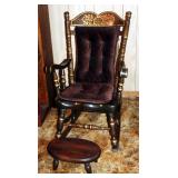 Vintage Painted Wood Rocker, With Padded Seat Cushions, And Foot Stool