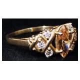 10k Gold Ring With Amber And Clear Stones, Size 8-1/2, Approx 3.00 g Total Weight