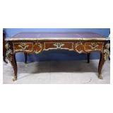 Ornate Executive Desk With Brass Decor And Leather Top, 3 Drawers, 31" H x 70" W x 37" D