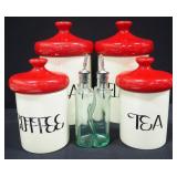 Ceramic Sugar, Flour, Coffee, And Tea Containers With Lids, And 2 Green Tinted Oil/Vinegar Bottles