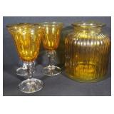 Amber Glass Wine Goblets (3) And Amber Ribbed Jar