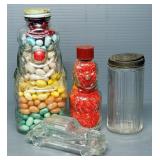 Vintage Glass Candy Containers, Includes Clowns And Car, And Ribbed Glass Jar With Flip Lid