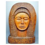 Carved Wood Female Head By M. Howe, 17" H x 12" W x 3" D