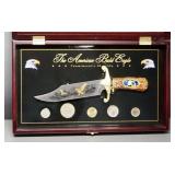American Bald Eagle Commemorative Collection With Fixed Blade Knife And 5 Coins, In Display Case