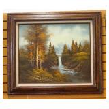 Original Oil On Canvas Of Waterfall In Woods, Artist Name Undeciphered, Framed 31.5" W x 27.5" H