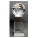 Clear And Frosted Glass Soccer Ball On Clear Prism Like Stand, Approx 8" High
