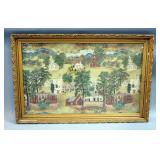 Believed To Be Grandma Moses Barkcloth Fabric Depicting Town Buildings And Trees, Framed, Under Glas