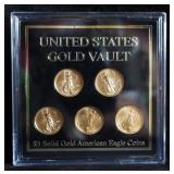 US Gold Vault $5 Solid Gold American Eagle Coins, Qty 5, Each 1/10 oz Fine Gold, In Display Case
