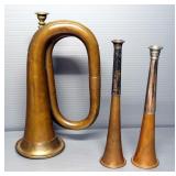 19th Century Brass Horn Collection, Various Styles, Includes Bugle And Hunting Horns, Total Qty 7