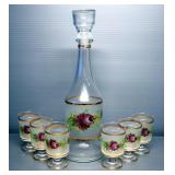 Decanter And Glasses With Hand-Painted Floral Design