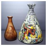 McCoy Ceramic Teepee Cookie Jar And Porcelain Vase With Native American Image