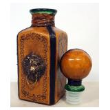  Leather Covered Green Glass Decanter With Metal High Relief Lion Head