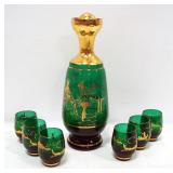 Gold And Green Saki Set With Decanter And Glasses With Colonial Couple And Gondola Images