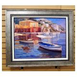 Painting On Board Of Boats In Harbor, Framed, 30" H x 36" W