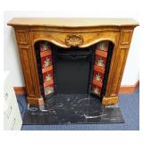 Solid Wood Fireplace Mantle, Metal Insert With Inlaid Tiles Made In Italy