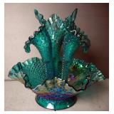 Fenton Aqua Marine Diamond Lace 3 Horn Epergne, 10" x 9.5" Diameter