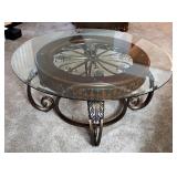 Round Beveled Glass Topped Cocktail Coffee Table With Scrolled Metal Legs And Wood Trim Accents, 19"