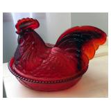 Heirloom Ruby Red Carnival Glass 14" Platter, Westmorland Glass Hen On Nest, Fairy Lamp, Fenton Rose