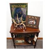 Rustic Lodge Decor Including Candle Holder, Welcome Signs, Metal Brackets And More, Contents Of Tabl