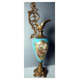 Antique French Hand Painted Matching Vases, 22" Tall, And 13" Brass Candlesticks