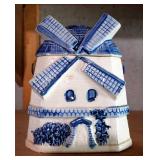 Delft Blue Ceramic Windmill Cookie Jar, With Woven Rattan Handle, 7" x 6" x 5"