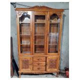Lighted 2 Piece China Cabinet With Beveled Glass Paneled Doors, And Carved Cabinet And Drawer Fronts